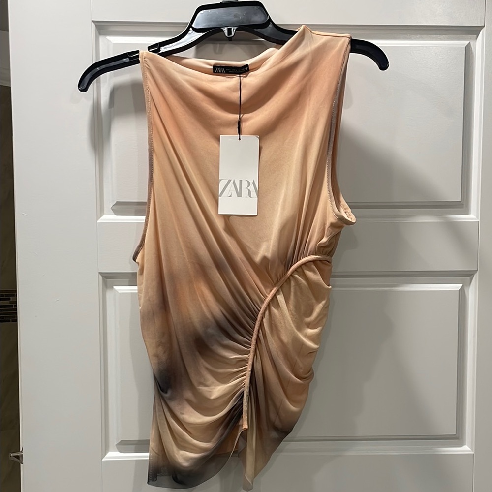 Zara Tan and Black Draped Sleeveless Top